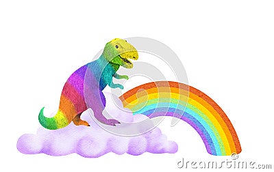 Funny dinosaur in clouds, rainbow. Cartoon fun cute dino for kids card design. Watercolor childish multicolored jurassic Stock Photo