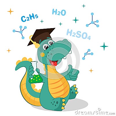 Funny Dinosaur Experimenting With Chemicals And Formula On A White Background. Cartoon School Vector Illustrations. Vector Illustration