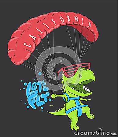 Funny dinosaur with paragliding. Vector shirt print design. Vector Illustration