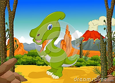 Funny Dinosaur Parasaurolophus cartoon with forest landscape background Stock Photo