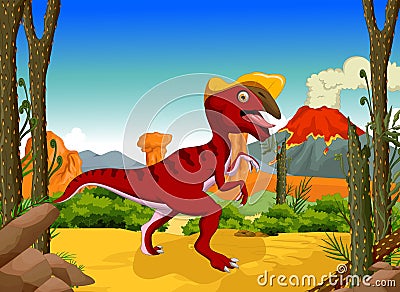 Funny dinosaur Parasaurolophus cartoon with forest landscape background Stock Photo