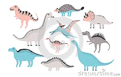 Funny dinosaurs collection. Cute childish characters in pastel colors. Colorful hand drawn illustration. Vector Illustration