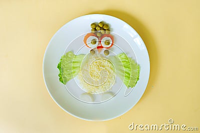 Funny dish for Kids. Snack time. Food art. Bird made of food. Vegetables and eggs. Restaurant menu. Funny breakfast. Stock Photo