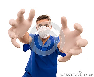 Funny doctor with long hands Stock Photo