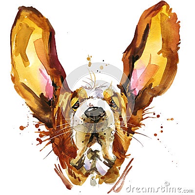 Funny dog basset fashion T-shirt graphics. dog illustration with splash watercolor textured background. Cartoon Illustration