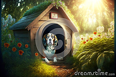 Funny dog beagle in wooden doghouse in garden Stock Photo