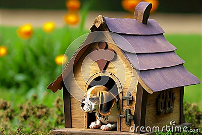 Funny dog beagle in wooden doghouse in garden Stock Photo