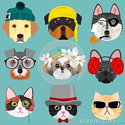 Dog and cat face set in hipster fashion Vector Illustration