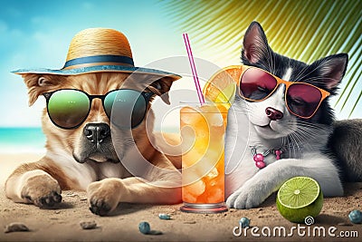 Funny dog and cat on sea beach, pets relax with cocktail on vacation, generative AI Stock Photo