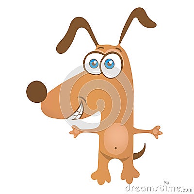 Funny dog, flat cartoon character, painted cute animal, colorful drawing. Comical brown puppy open arms for hugs isolated on white Vector Illustration