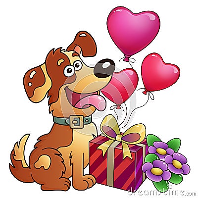 Funny dog with gift and flowers isolated on white background. Greeting card. Birthday. Valentine`s day. For kids Vector Illustration