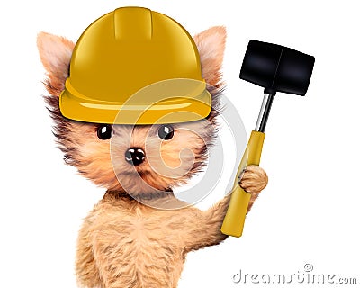 Funny dog with hammer Isolated on white Cartoon Illustration