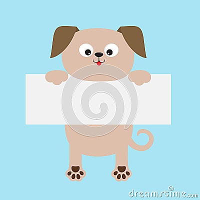 Funny dog hanging on paper board template. Kawaii puppy animal body. Cute cartoon character. Baby card. Pet collection. Flat desig Vector Illustration