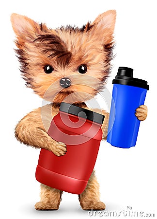 Funny dog holding shaker and jar with protein Cartoon Illustration