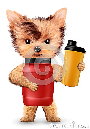 Funny dog holding shaker and jar with protein Cartoon Illustration