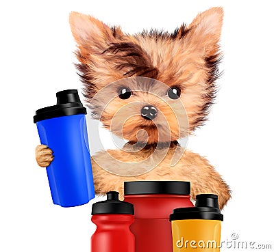 Funny dog holding shaker with sport nutrition Cartoon Illustration