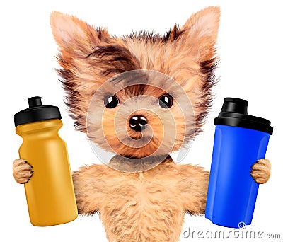 Funny dog holding shaker and water bottle Cartoon Illustration