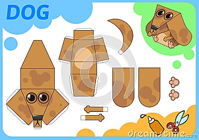 Funny Dog Paper Model. Small home craft project, paper game. Cut out, fold and glue. Cutouts for children. Vector Vector Illustration