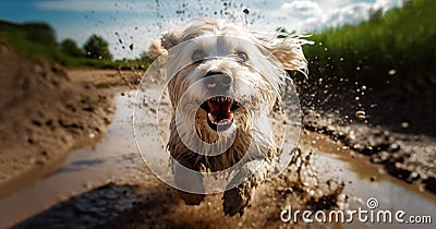 Funny dog playing in mud puddle, a beautiful dog with joy jumping in a muddy puddle, dirty brown fur,happy portrait of a Stock Photo