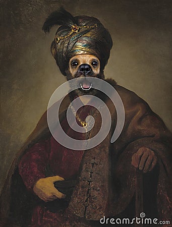 Funny Dog, Rembrandt Spoof, Oil Painting Stock Photo