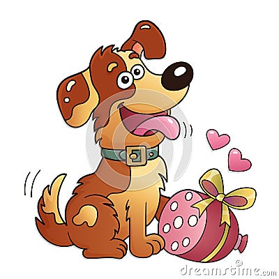Funny dog with sausage isolated on white background. Greeting card. Birthday. Valentine`s day. For kids Vector Illustration