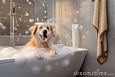 Funny dog sits in a bathtub with foam, bathes Cartoon Illustration