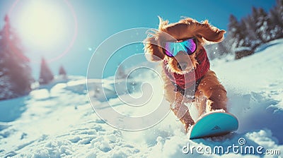 Funny dog snowboarder going down ski slope in winter, pet in mask rides snowboard with splash of snow powder. Concept of sport, Stock Photo