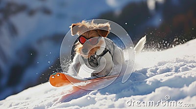 Funny dog snowboarder going down ski slope in winter, pet in sunglasses rides snowboard with splash of snow powder. Concept of Stock Photo