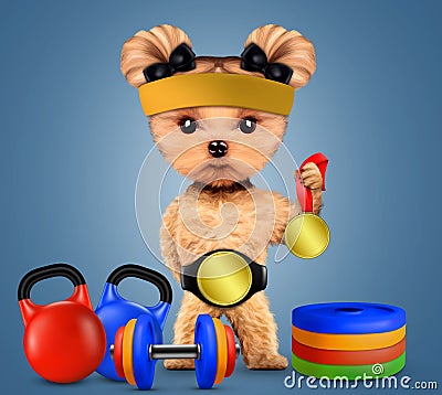 Funny dog with sport equipment and gold medal Cartoon Illustration