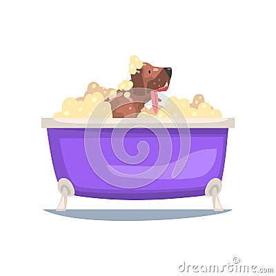 Funny Dog Taking Bath, Funny Animal Washing in Foamy Bathtub Vector Illustration Vector Illustration