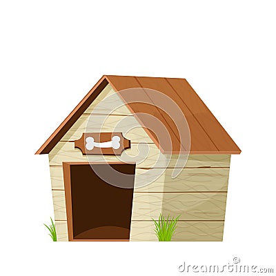 Funny doghouse, wooden kennel in cartoon style isolated on white background. Comic childish construction with roof and Vector Illustration