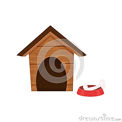 Funny doghouse, wooden kennel in cartoon style isolated on white background. Comic childish construction with roof and Vector Illustration