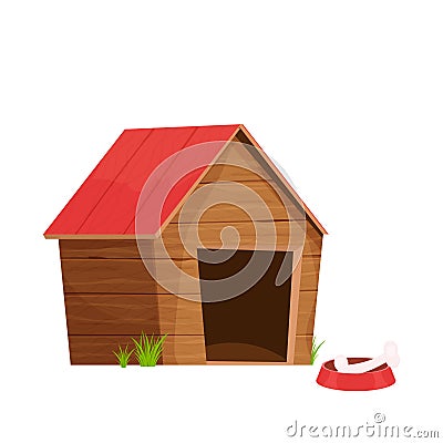 Funny doghouse, wooden kennel in cartoon style isolated on white background. Comic childish construction with roof and Vector Illustration