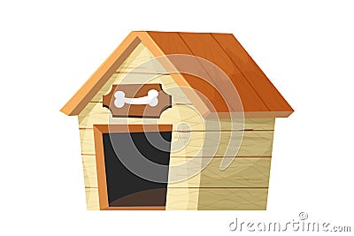 Funny doghouse, wooden kennel in cartoon style isolated on white background. Comic childish construction with roof and Vector Illustration