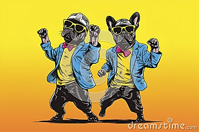 funny dogs in blue jackets dance disco on a yellow background in pop art style. Generated AI Stock Photo