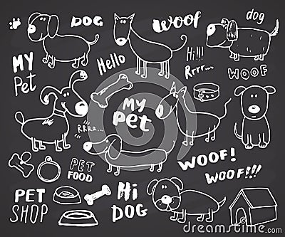 Funny Dogs doodle Set. Hand drawn sketched pets collection Vector Illustration on chalkboard background. Vector Illustration