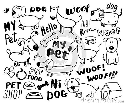 Funny Dogs doodle Set. Hand drawn sketched pets collection Vector Illustration on white background. Vector Illustration