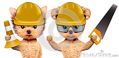 Funny dogs in hard hat with cone and saw isolated on white Cartoon Illustration