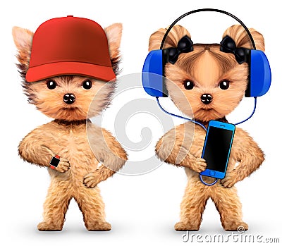 Funny dogs listening to music on headphones Cartoon Illustration