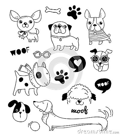 Funny dogs, puppies doodles, sketches and illustrations. Vector icons Vector Illustration