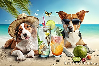 Funny dogs on sea beach, pets relax with cocktail on vacation, generative AI Stock Photo