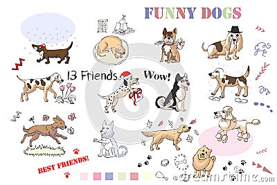 Funny Dogs Sketches Set. Hand drawn illustration Vector Illustration