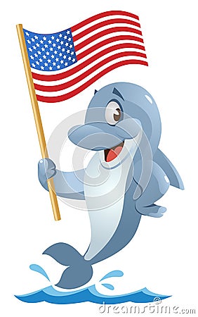 Funny dolphin holding American flag. Vector Illustration