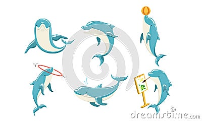 Funny Dolphins Set, Cute Ocean Mammals Performing Tricks Vector Illustration Vector Illustration