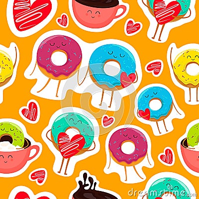 Funny donut characters stickers in leisure. Vector Illustration