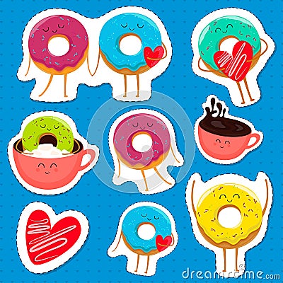 Funny donut characters stickers in leisure. Vector Illustration