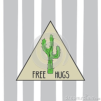 Funny doodle cactus with inscription- free hugs Vector Illustration