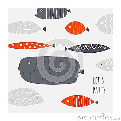 Funny doodle fishes set. Card, postcard, print, poster, background with underwater tropical fish Stock Photo