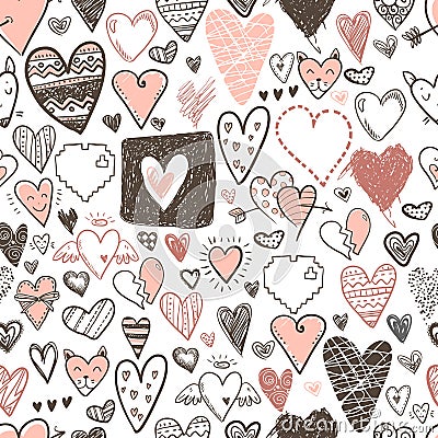 Funny doodle hearts icons seamless pattern. Hand drawn Valentine Vector Illustration