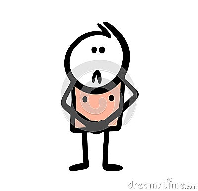 Funny doodle man without clothes ashamed covers up his body with hands. Vector Illustration